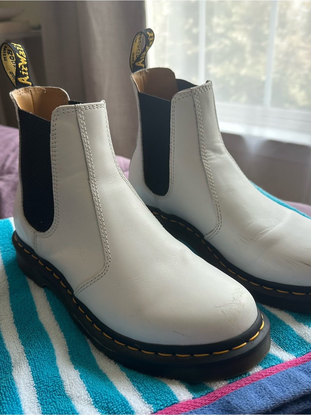 Dr. Martens White Leather Chelsea Combat Boots with Yellow Stitching